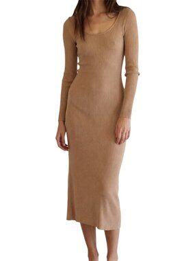 Size L L'Academie Los Angeles Brown Ribbed Knit Bodycon Midi Dress